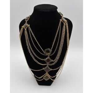 Gold Tone Multi Strand Chain Necklace Brown Stone Statement Bib Layered